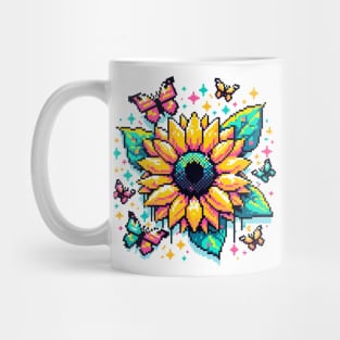 Digital Sunflower Art - Pixelated Nature and Butterfly Design Mug